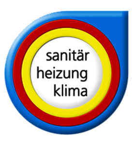Ein rundes Logo in Blau, Rot und Gelb mit den Worten 'sanitär heizung klima' in der Mitte, das Dienstleistungen anzeigt.